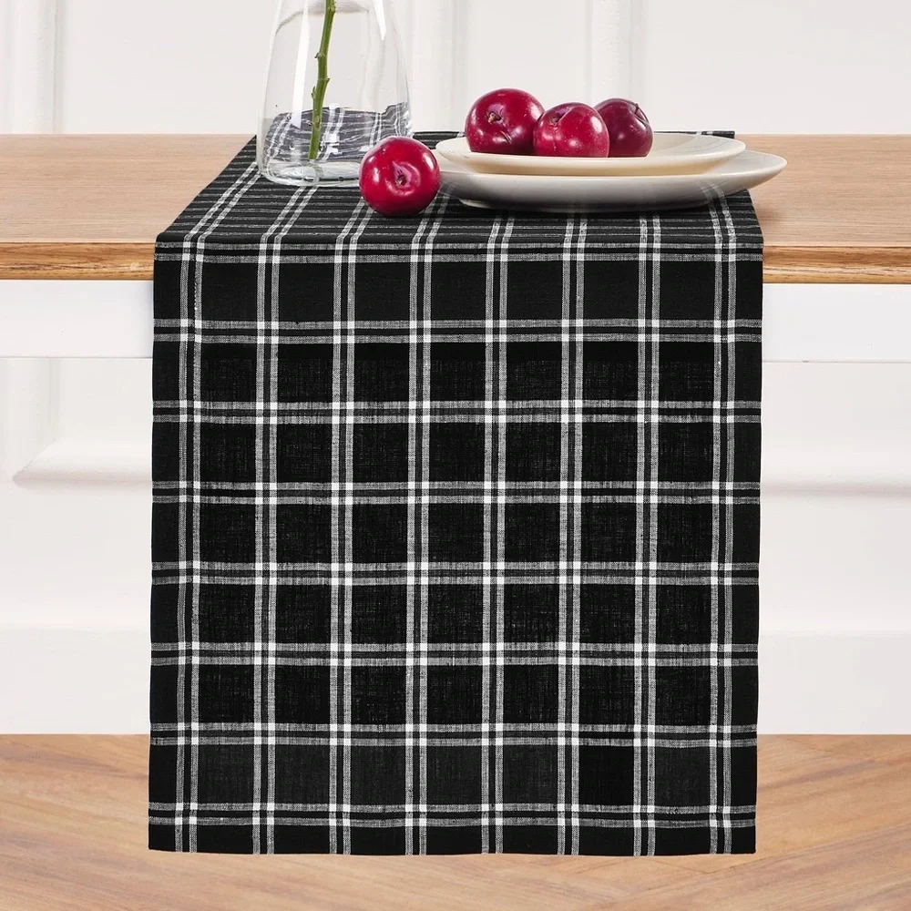 Solino Home Black Linen Table Runner 100% Pure Linen Marseille Plaid 14 X 90 In